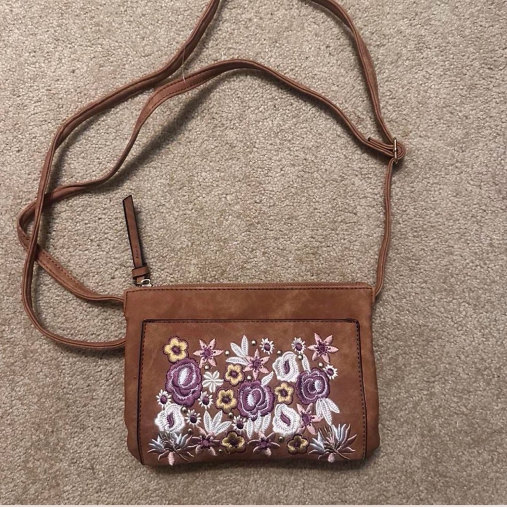 Embroidered Floral Brown Crossbody Bag